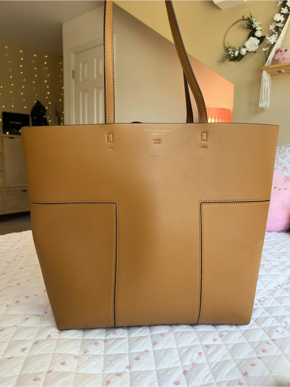 Tory Burch Block-T British Tan Leather Shoulder Tote Bag Shoulder Purse